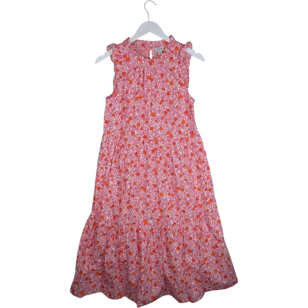 J. Crew Dress Floral Tiered Ruffle Sleeveless Midi Cotton Pink Orange Size 2 - Picture 3 of 9